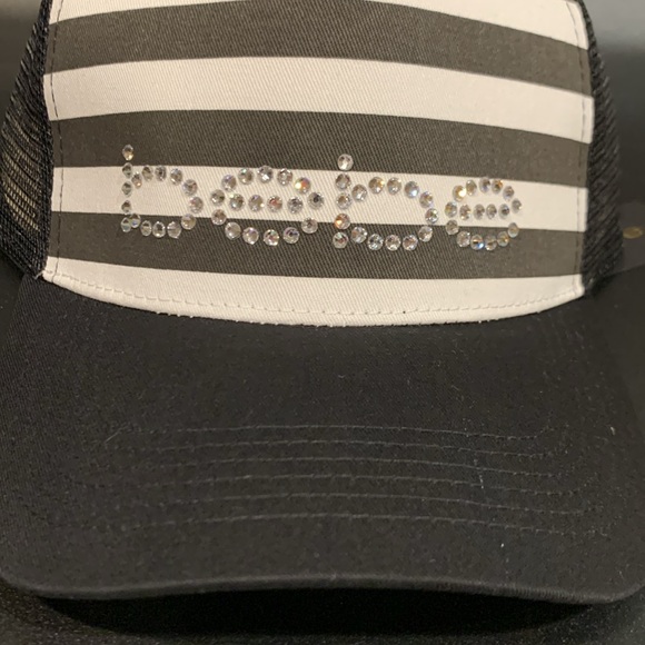 Bebe Black/White Striped Hat with Rhinestone Logo Embellished Baseball Cap - Picture 3 of 10